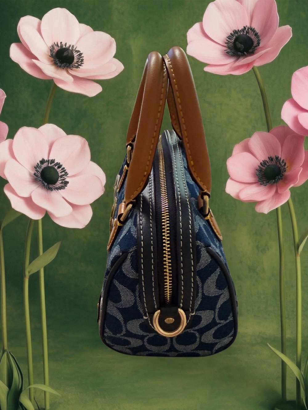 COACH Denim Signature Floral Appliqué Mini Satchel with Tan Handles - Picture 7 of 10